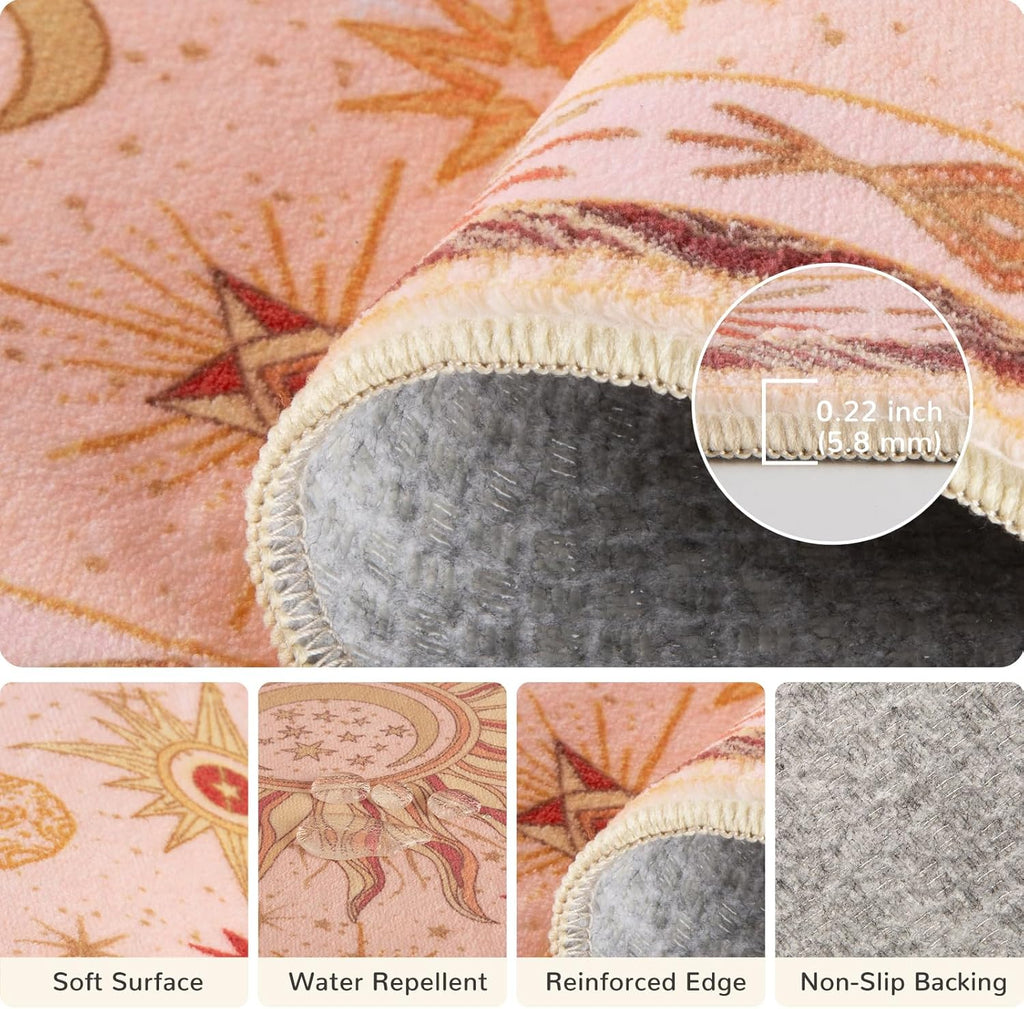 Area Rugs, Washable Vacuum-Friendly Non-Slip Rug Vintage Boho Gothic Sun and Moon Printed Pattern Low Pile Carpet