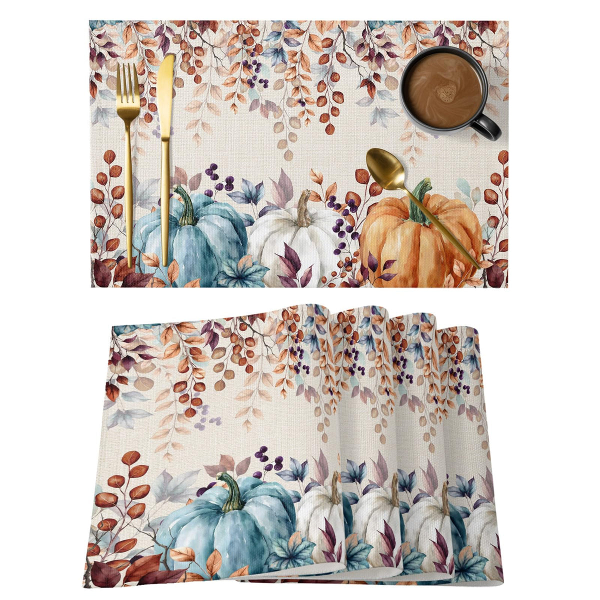 Fall Thanksgiving Placemats Set of 6, Watercolor Autumn Pumpkins Eucalyptus Leaves Heat Resistant Washable Linen