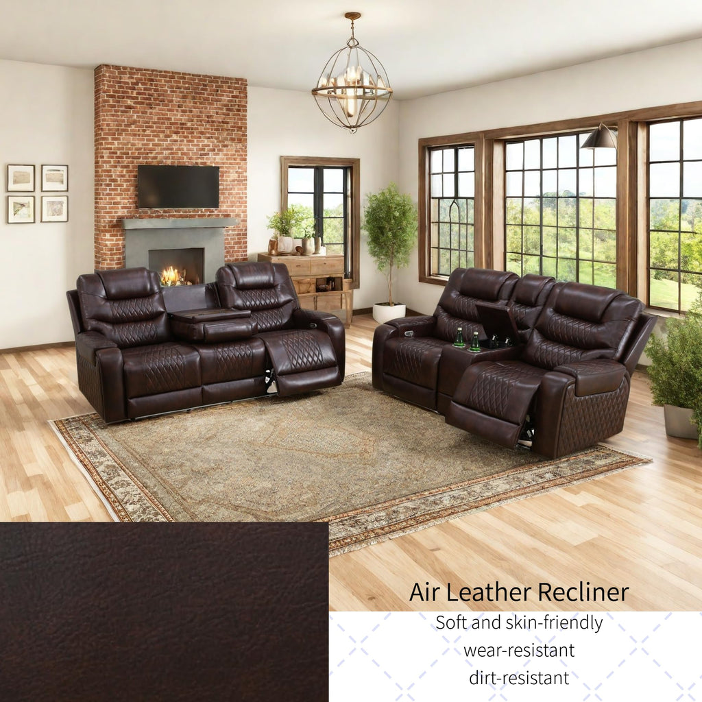Living Room Furniture Set, Power Reclining Sofa Set, Air Leather Recliners with Built-in USB Ports and Storage