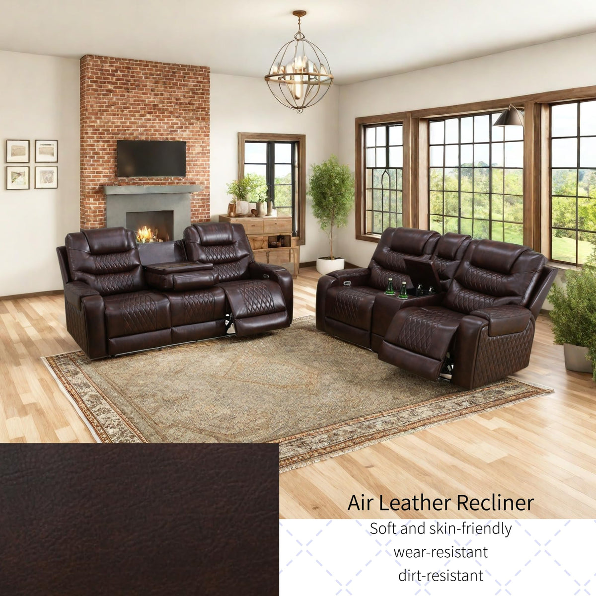Living Room Furniture Set, Power Reclining Sofa Set, Air Leather Recliners with Built-in USB Ports and Storage