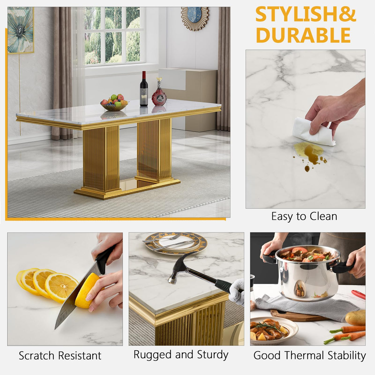 68 in Faux Marble Dining Table for 4-6, White Marble Dining Table with Gold Stainless Steel Base, Luxury Rectangular