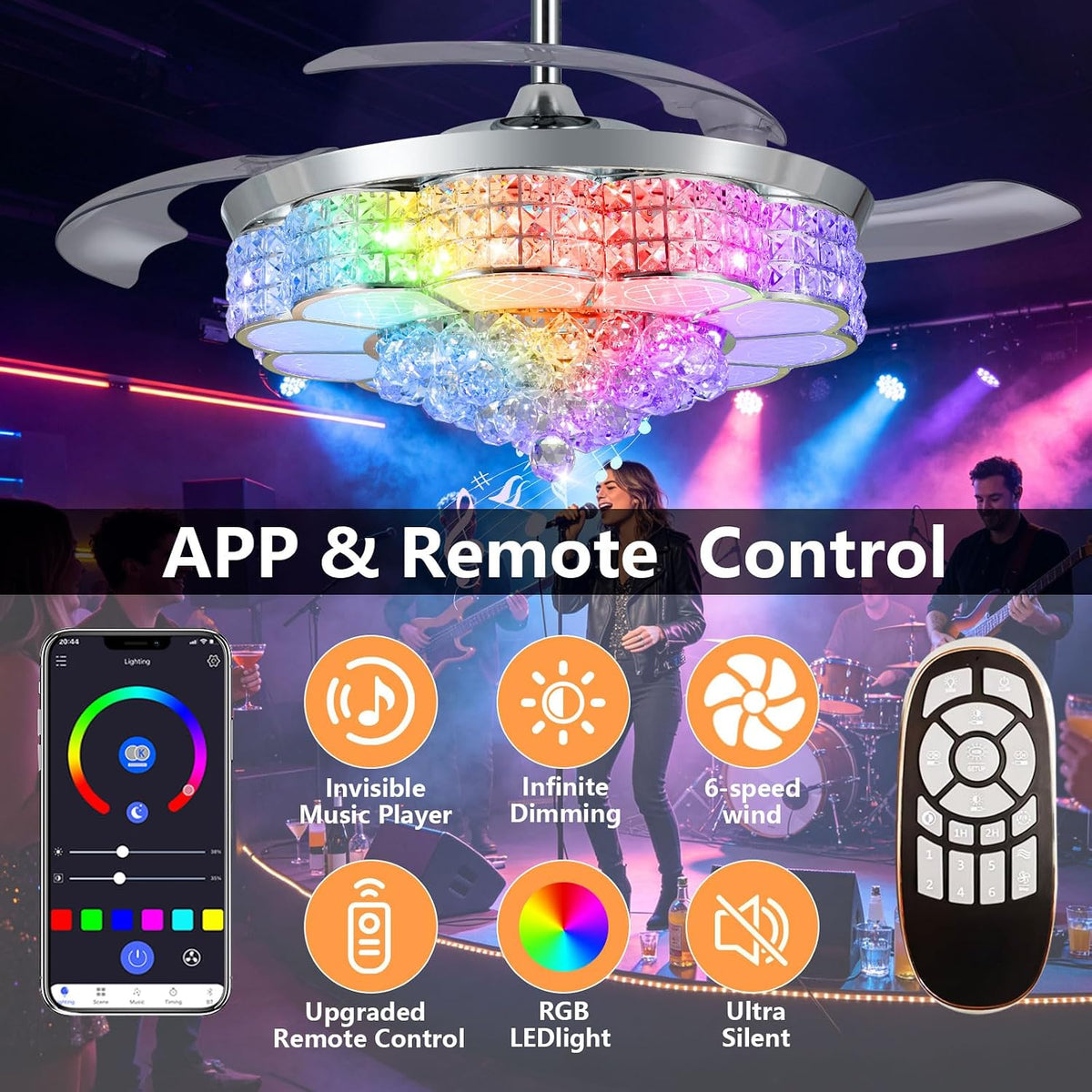 52" Crystal Retractable Ceiling Fan with Light & Remote