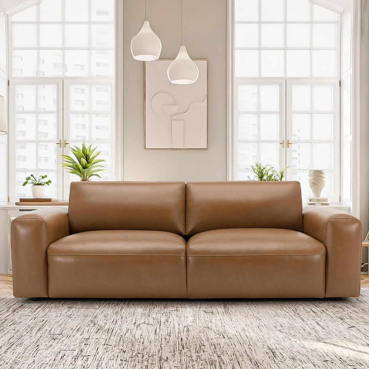 95" Oversized PU Leather Sofa, Comfy Sofa Couch with Extra Deep Seats, Wide Arm, Down Filled 3-Seater Sofa