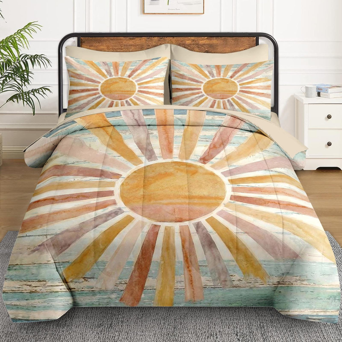 Queen Comforter Set with Sheets, 7 Pieces Boho Sun Bedding