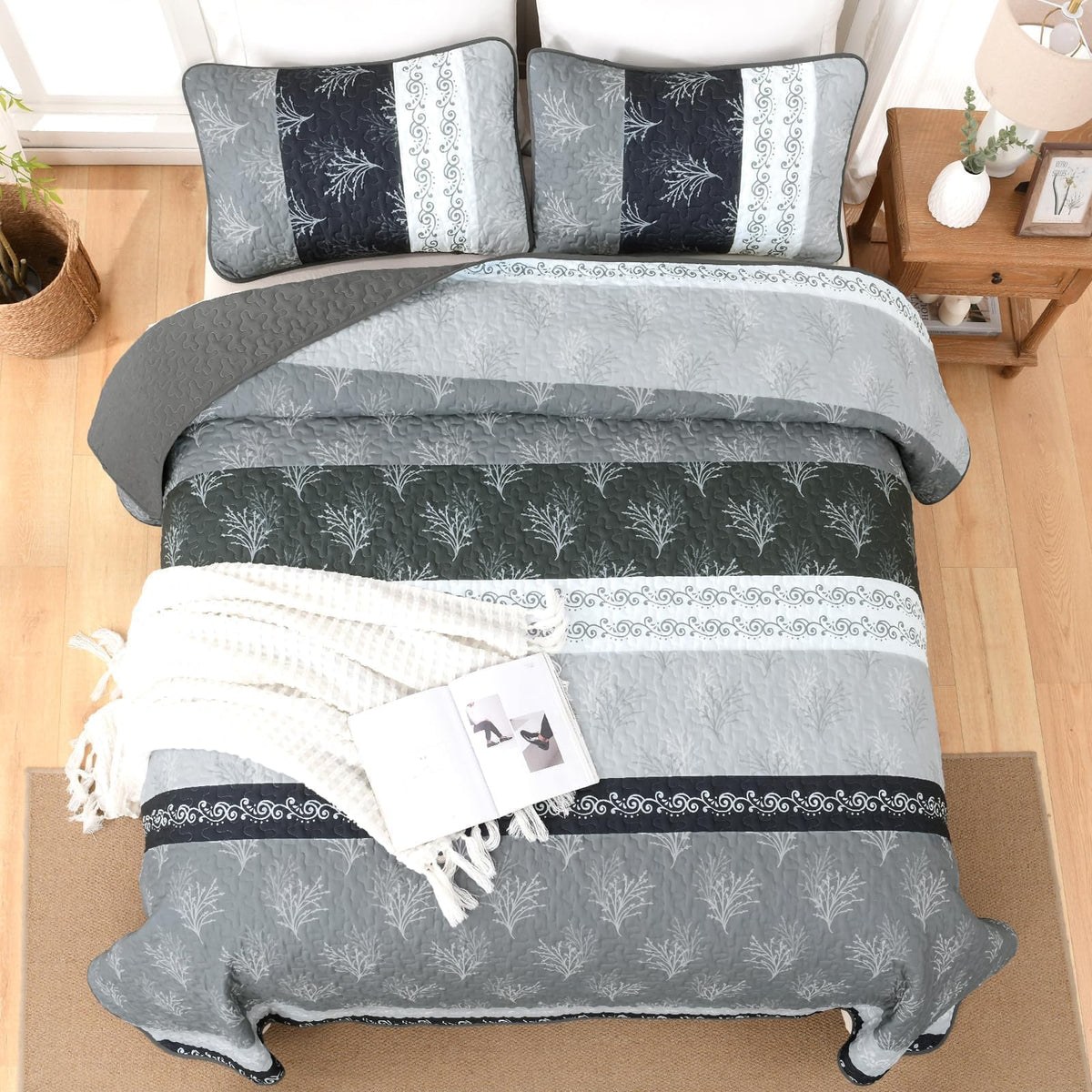 Quilt Set, Boho Summer Striped Bedspread Coverlet Set, Brown