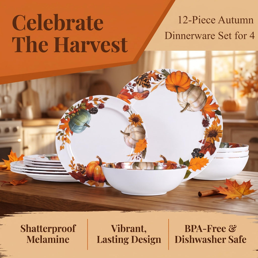 12‐Piece Fall Dinnerware Sets, Melamine Plates & Bowls Sets of 4
