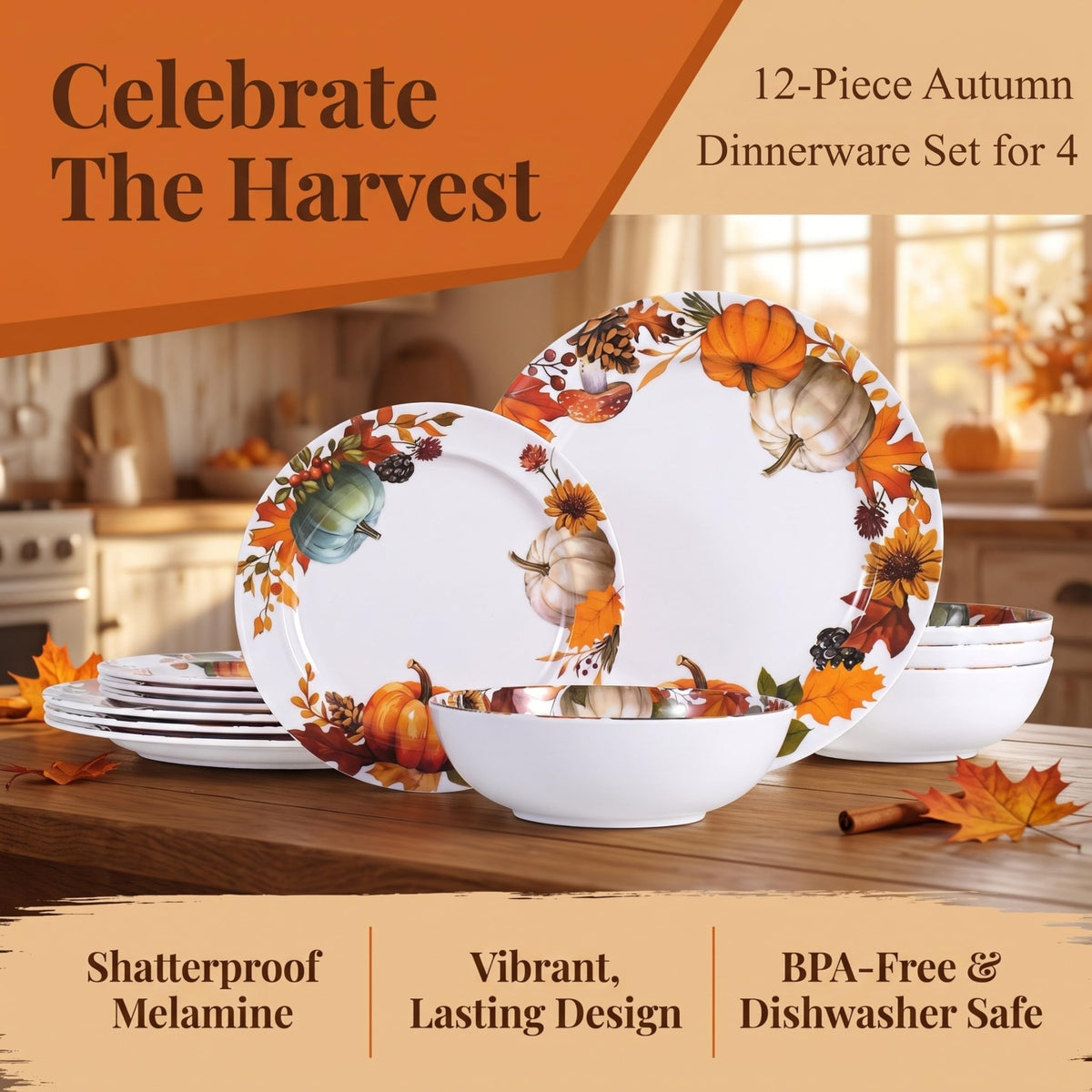12‐Piece Fall Dinnerware Sets, Melamine Plates & Bowls Sets of 4