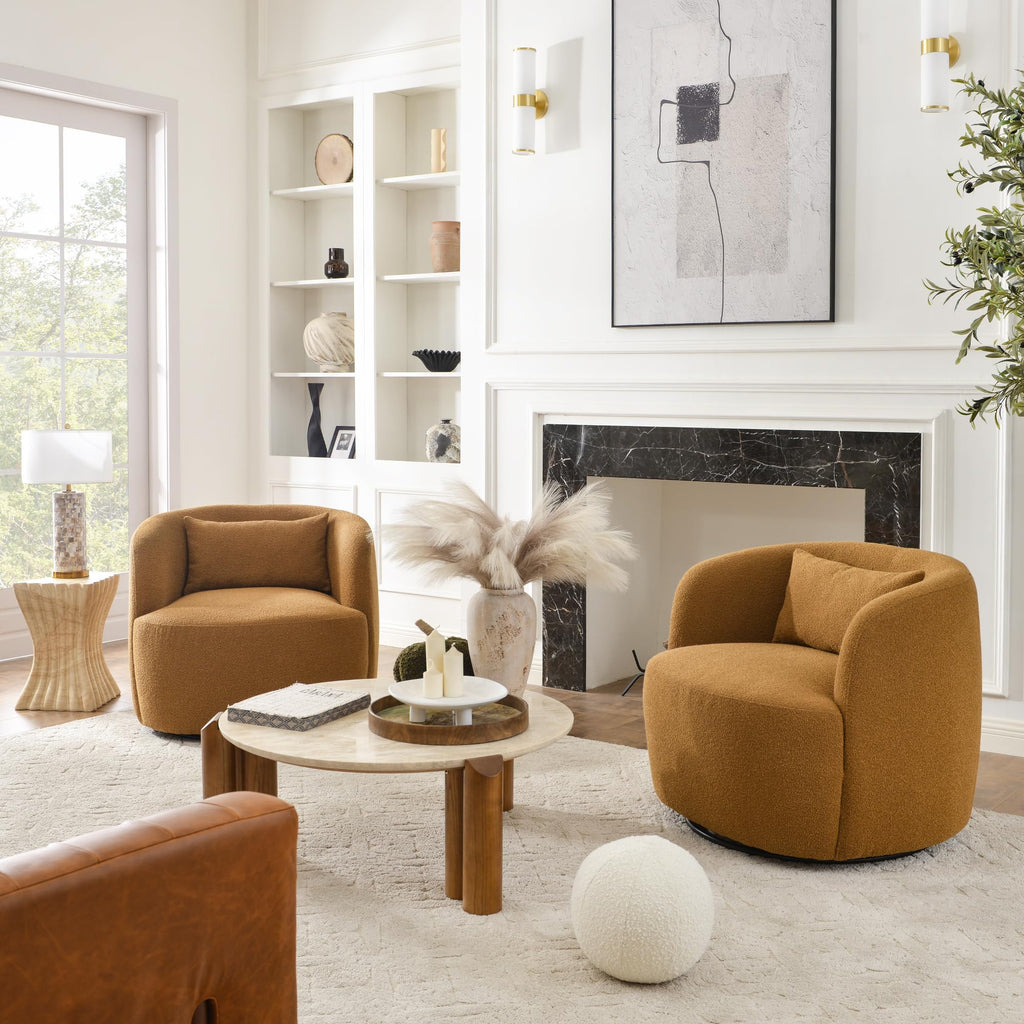 34" W Boucle Swivel Barrel Chairs with Pillow Set of 2, Brown