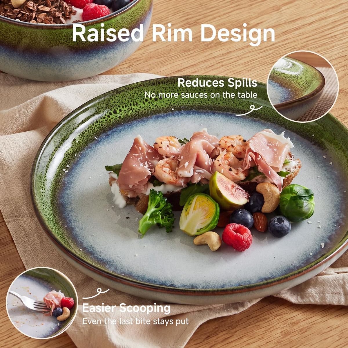 Dinnerware Set for 6, Green Reactive Glaze Plates and Bowls Sets