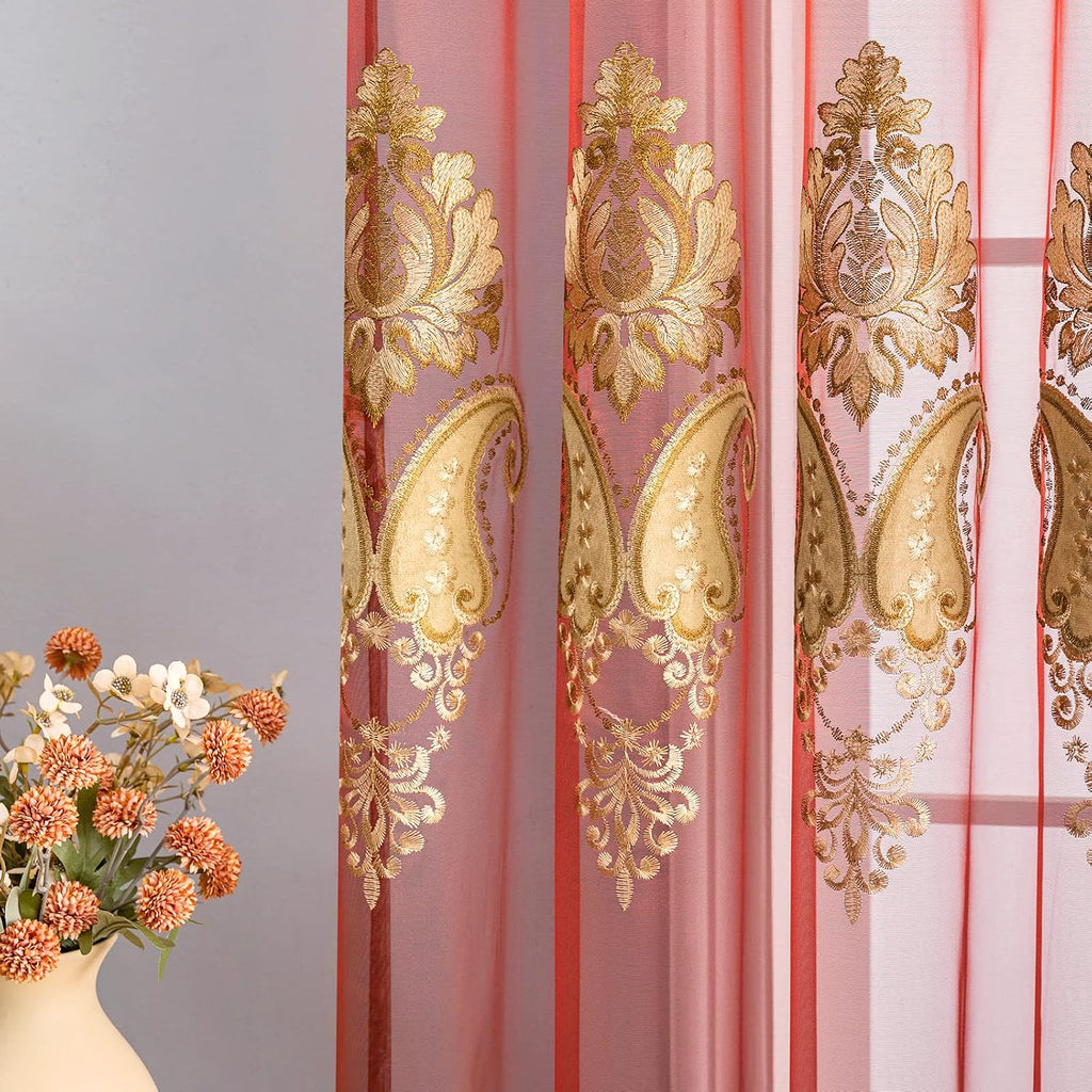 Luxury Embroidered Sheer Curtains (Set of 2 Panels) for Living Room Burgundy Red Tulle Curtains for Bedroom Transparent Yarn Curtain