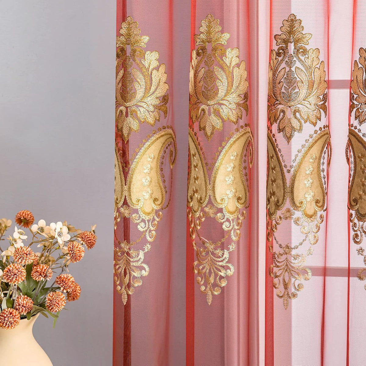 Luxury Embroidered Sheer Curtains (Set of 2 Panels) for Living Room Burgundy Red Tulle Curtains for Bedroom Transparent Yarn Curtain