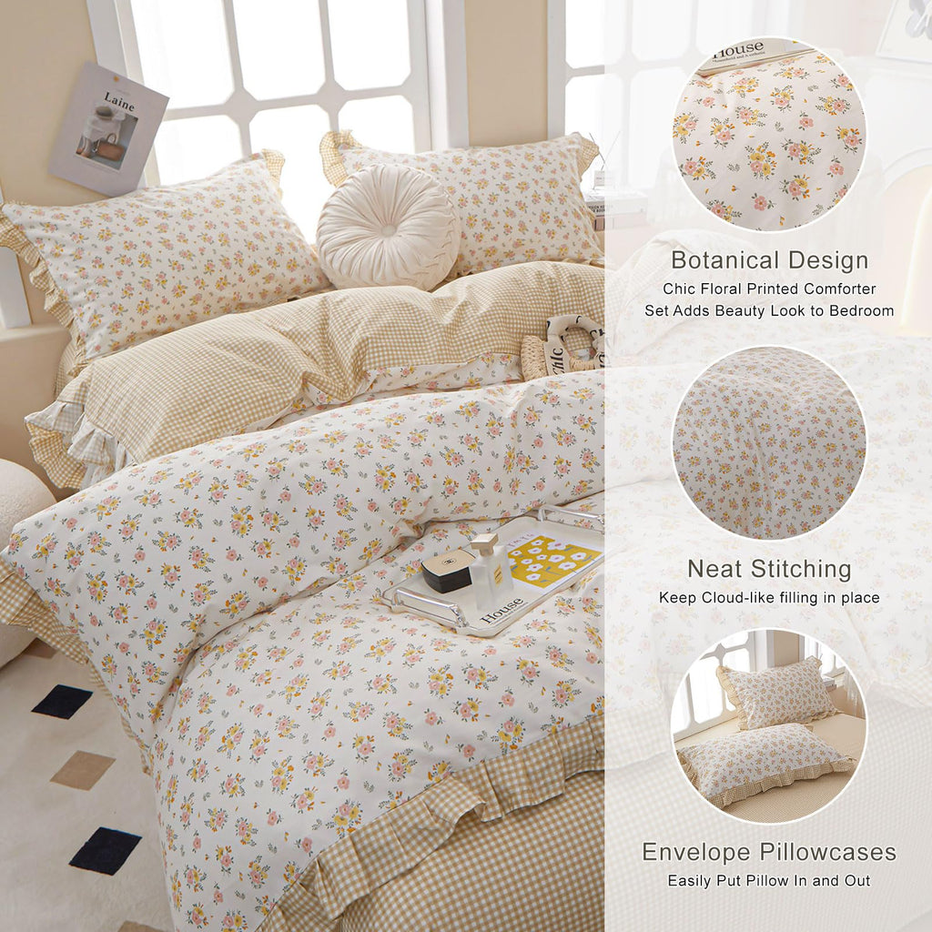 French Garden Style Ruffled Floral Comforter Set Full Fluffy Soft Microfiber Chic Shabby Pink Yellow Floral Bedding