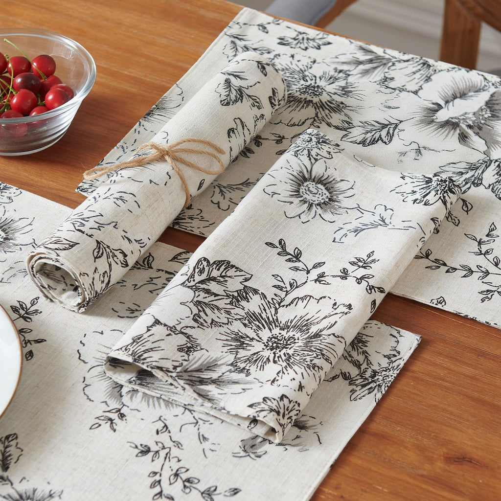 Alice Linen Floral Placemats Set of 4 Farmhouse 13x19 Inch Black
