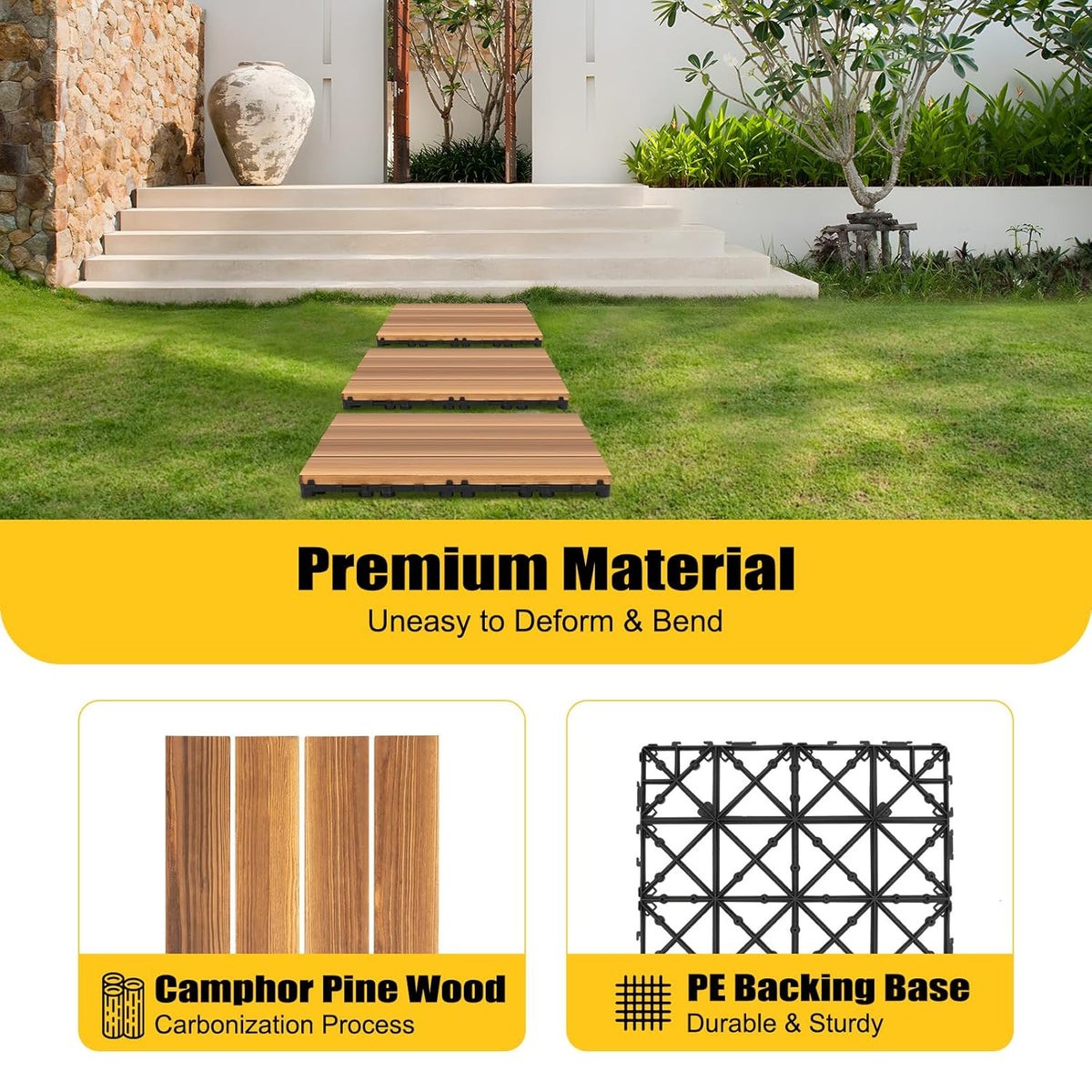 36 PCS Solid Acacia Wood Interlocking Patio Deck Tiles, Acacia Wooden Waterproof Patio Flooring, 12 x 12in Wood Floor