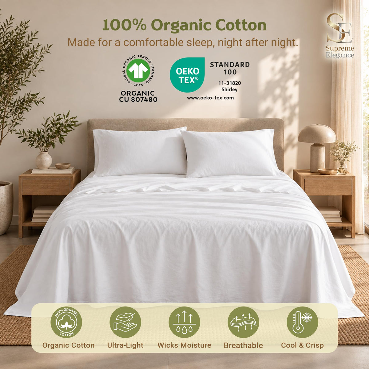 100% Organic Cotton Queen Sheets Set, Percale Snow White