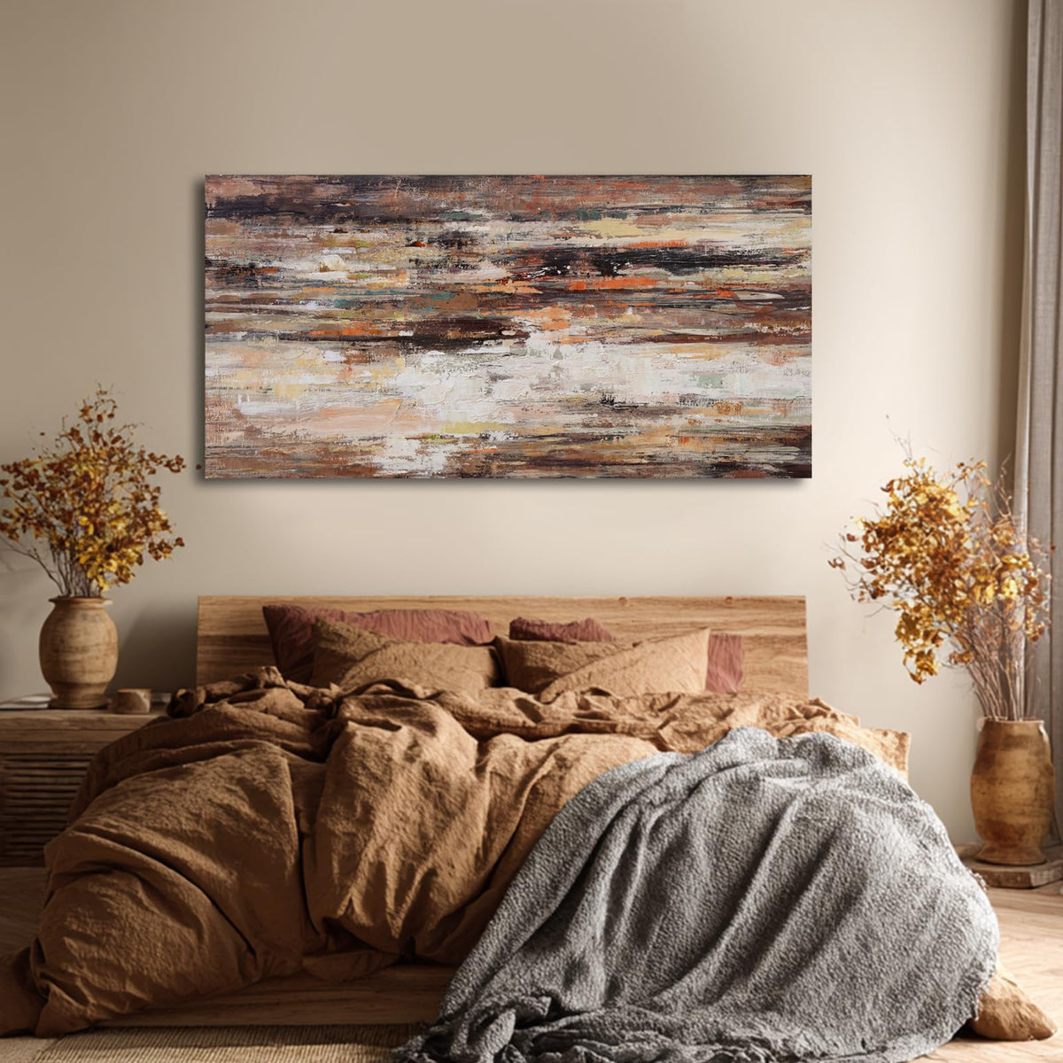 Large Canvas Prints, Wall Art 29x58 Inch, Brown Beige Orange White Abstract Painting, Printed Textured Modern