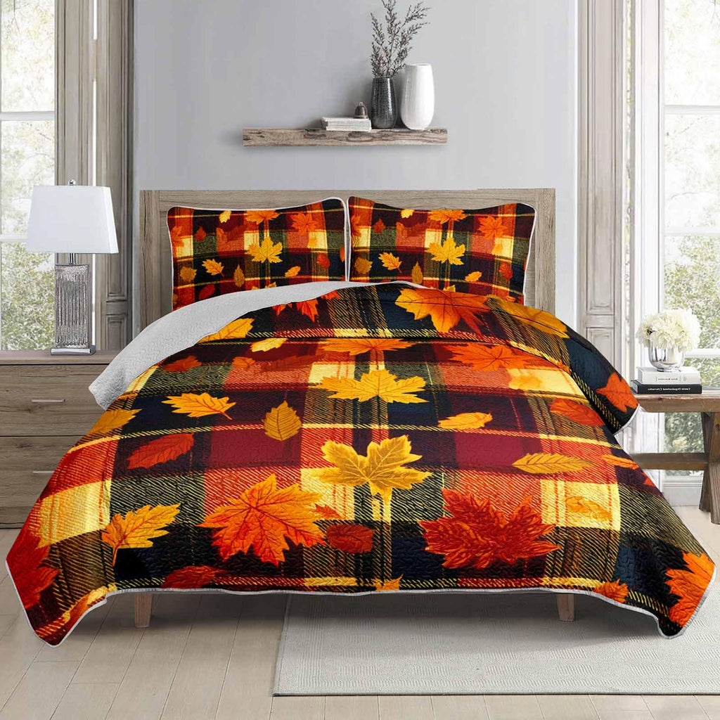 Fall Plaid Bed Cover 3 Piece, Includes 1 Quilt and 2 Pillow Shams, Scarlet Maple Motifs Dark Tartan Squares Warm