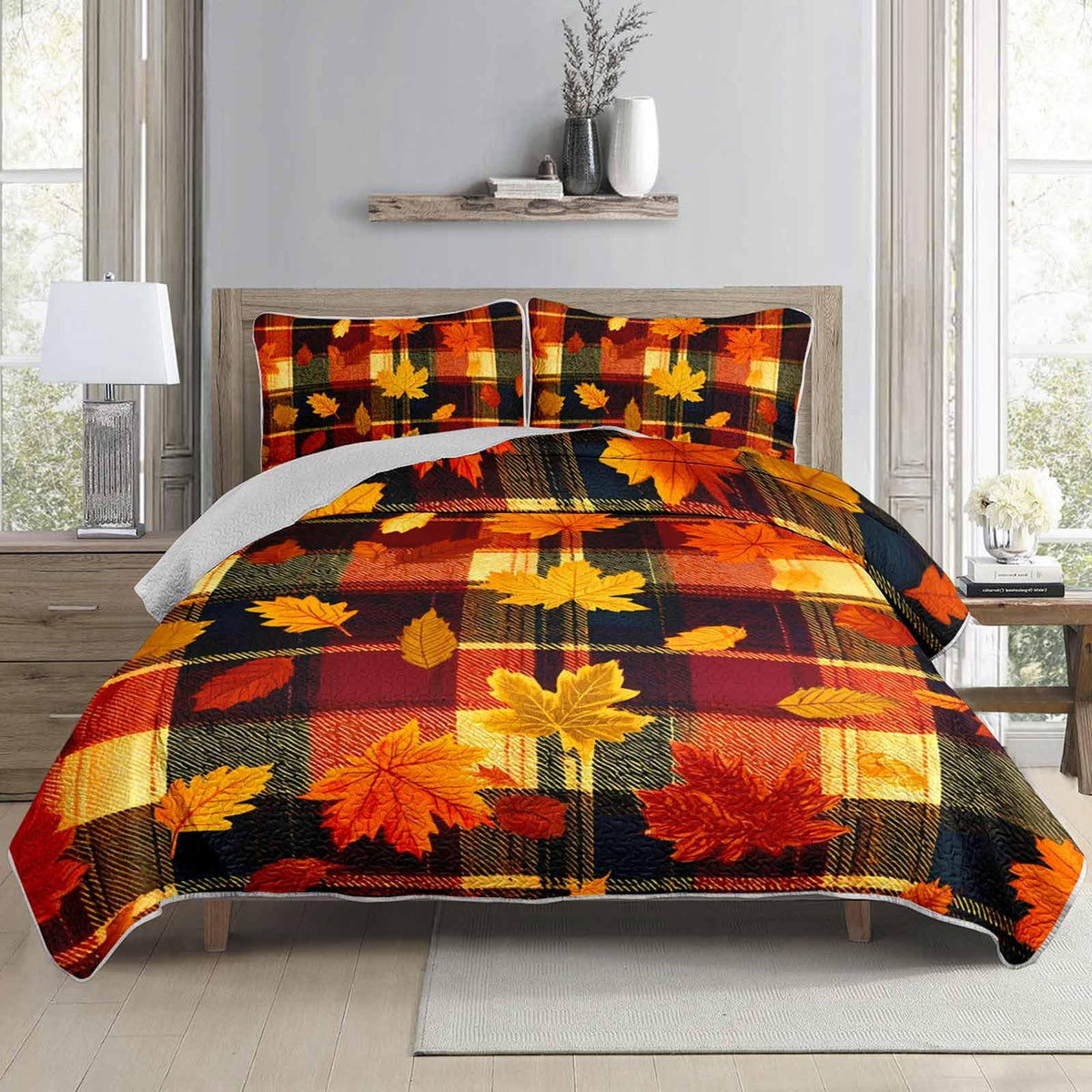 Fall Plaid Bed Cover 3 Piece, Includes 1 Quilt and 2 Pillow Shams, Scarlet Maple Motifs Dark Tartan Squares Warm