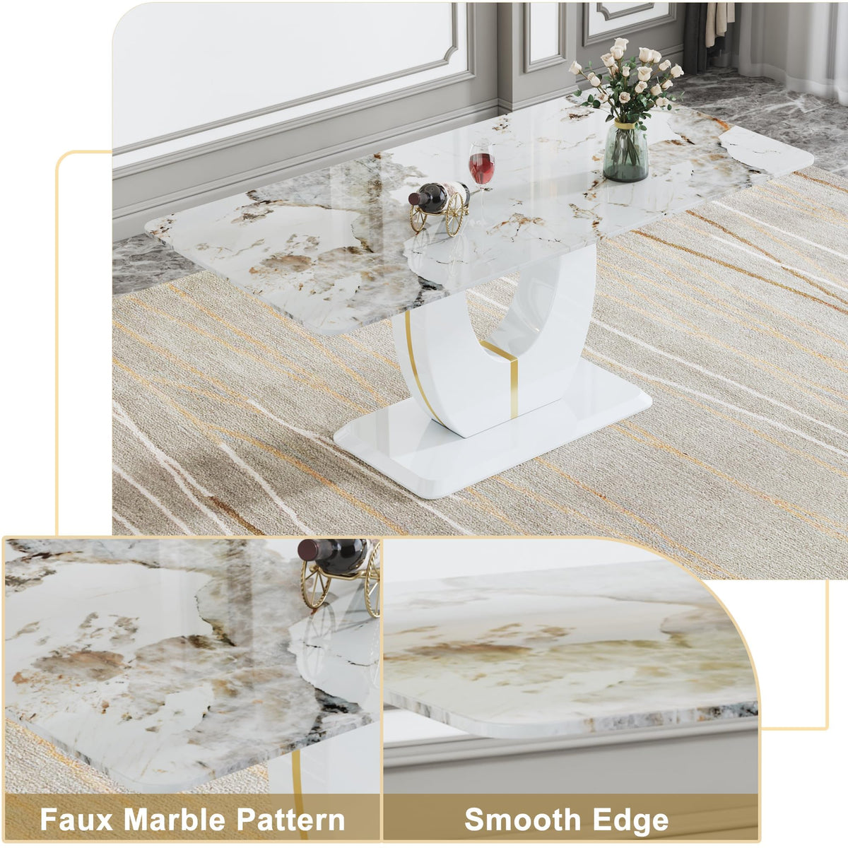 Dining Table Set for 6 with Chairs PU Upholstered, 71'' Pandora White Marble Dining Room Table and Chairs 1162 Gray