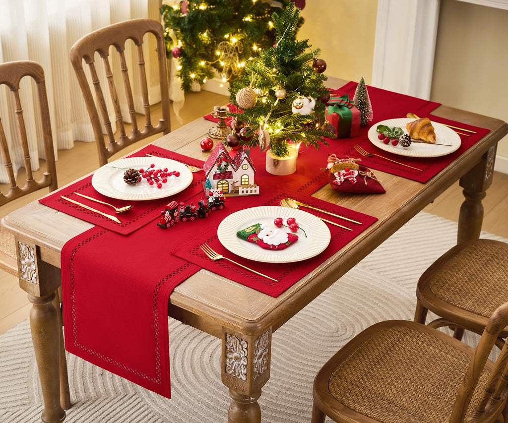Red Burlap Place Mats, Christmas Placemats Set of 6, 12 x 18 Inch