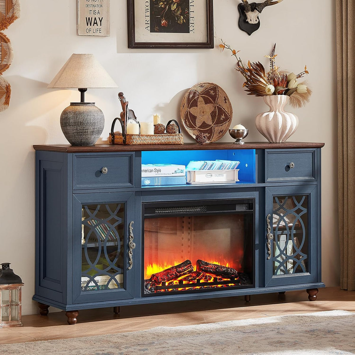 59 Inch Farmhouse Fireplace TV Stand with Electric Fireplace, LED Lights, Glass Door Media Console with Drawers for TVs up to 65 Inches, Blue