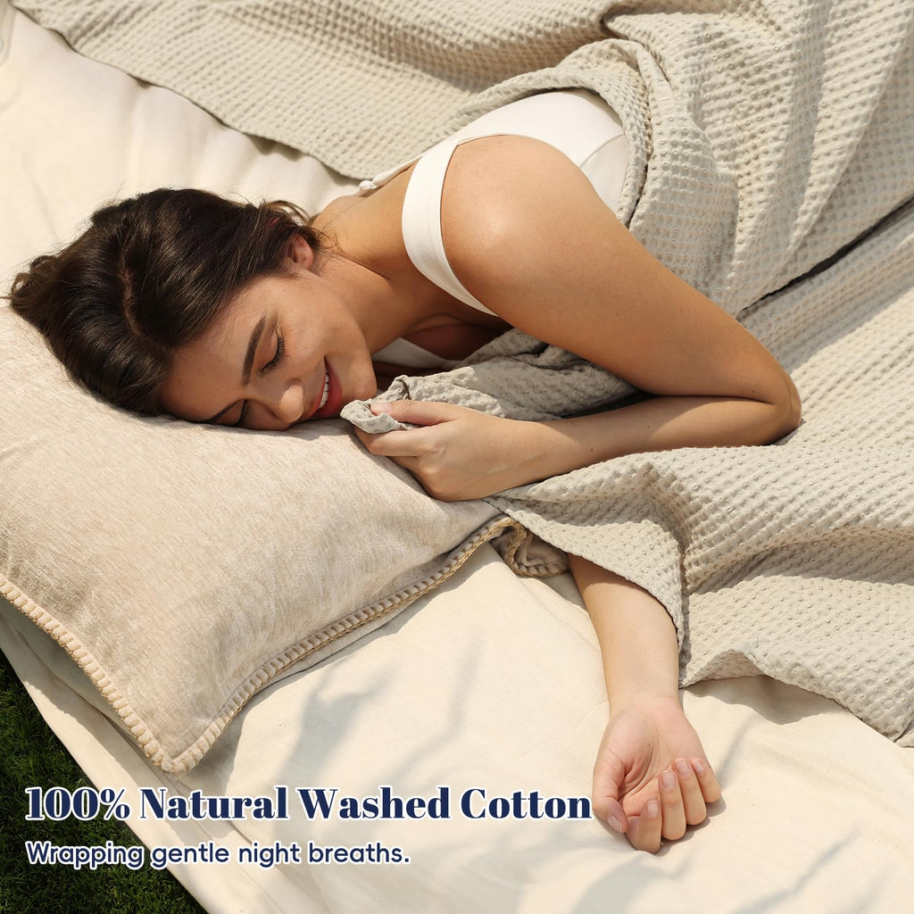 100% Cotton Waffle Blanket Lightweight Breathable, Linen/Stone