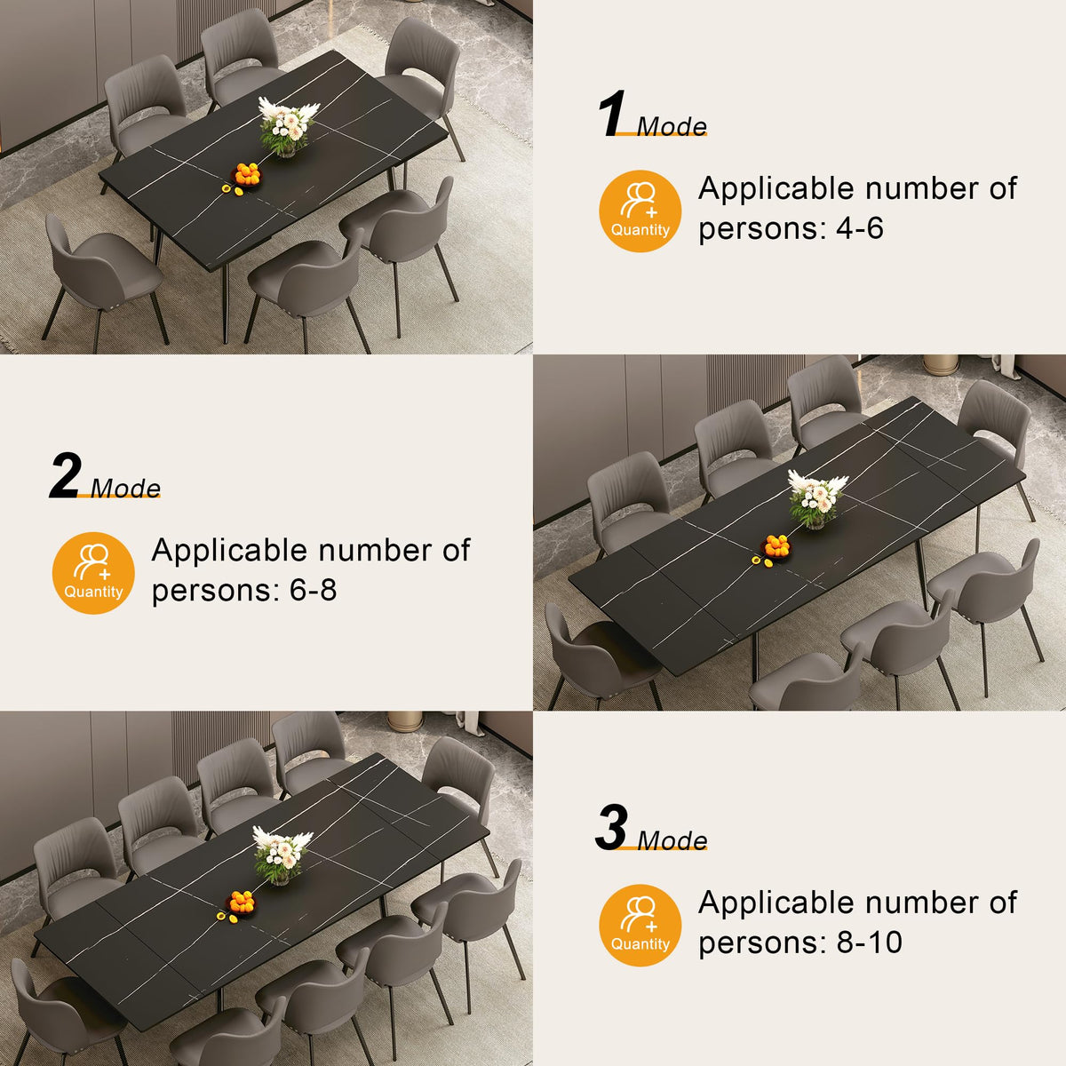 62.9"-94.4" Extendable Dining Table, Black Sintered Stone Top