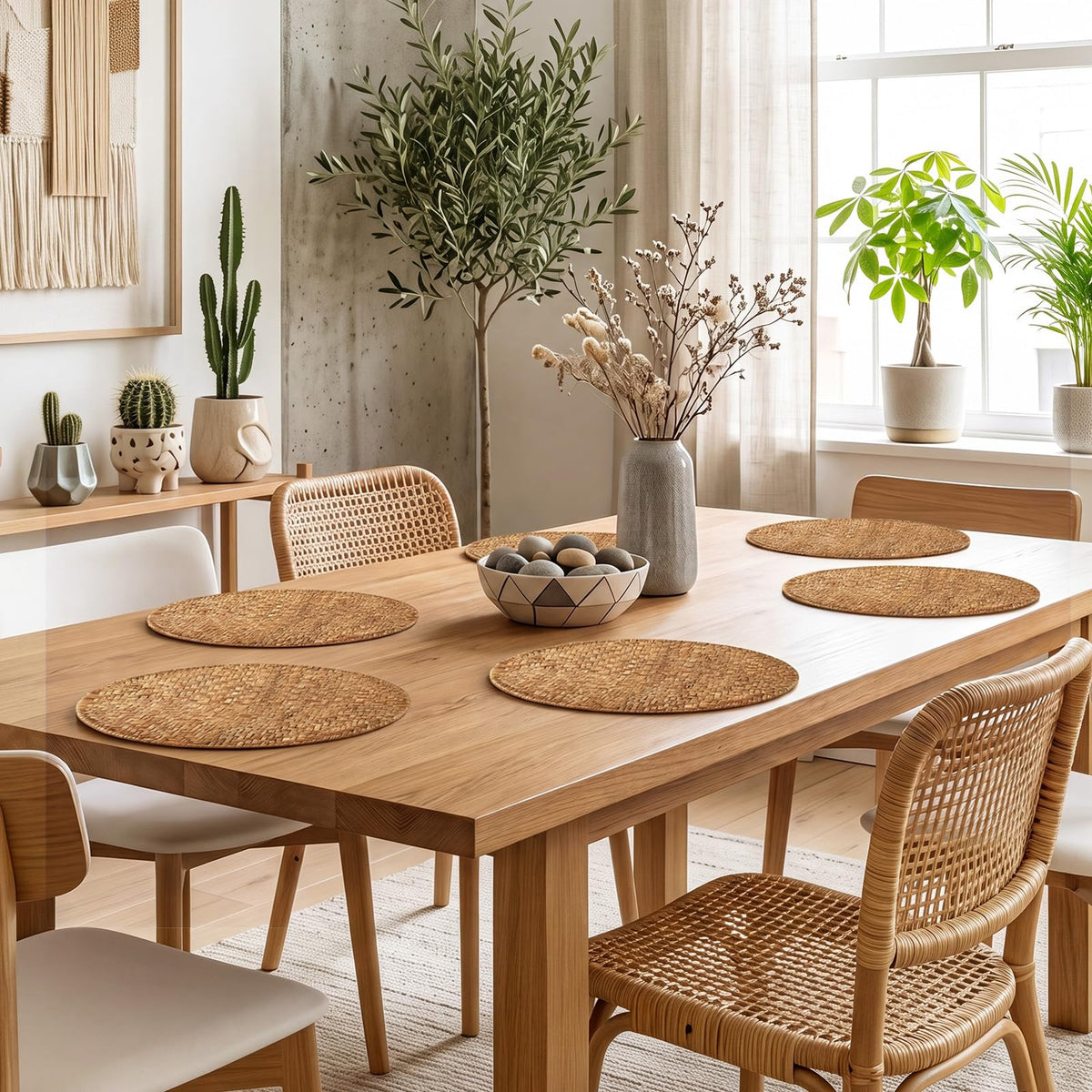 6 Set 13 Inch Rattan Round Placemats Natural Seagrass Woven Placemats Stained Brown Rattan Wicker Table Mats Boho