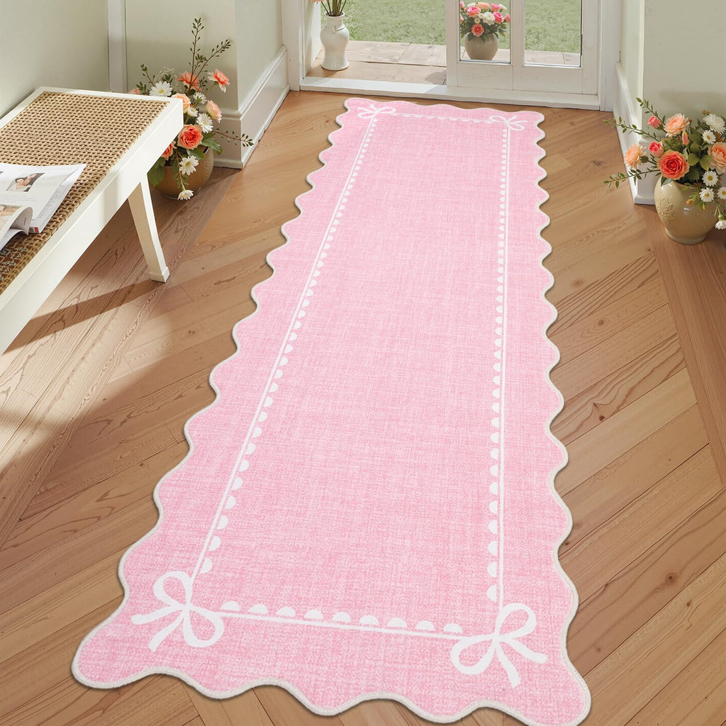 Scalloped Hallway Runner Rug 2x6 Non Slip Bedroom Rugs, Pink