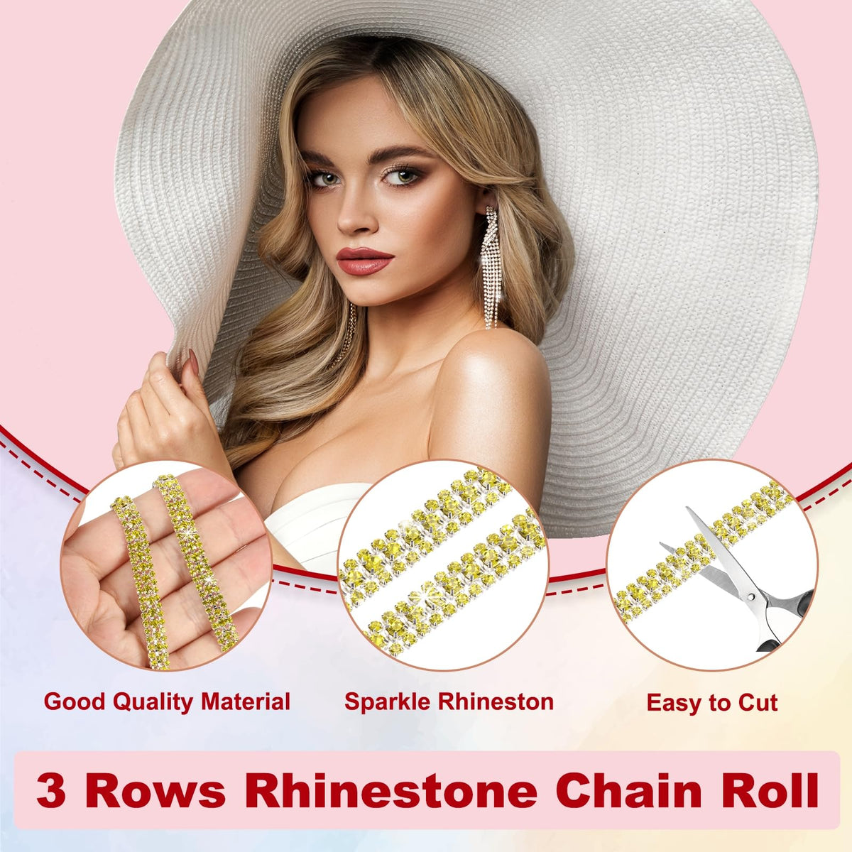 Rhinestone Chain, 3 Rows Crystal Close Chain Bling Sewing Rhinestone Trim Strip for Clothes Wedding Bouquet - 6 Yards