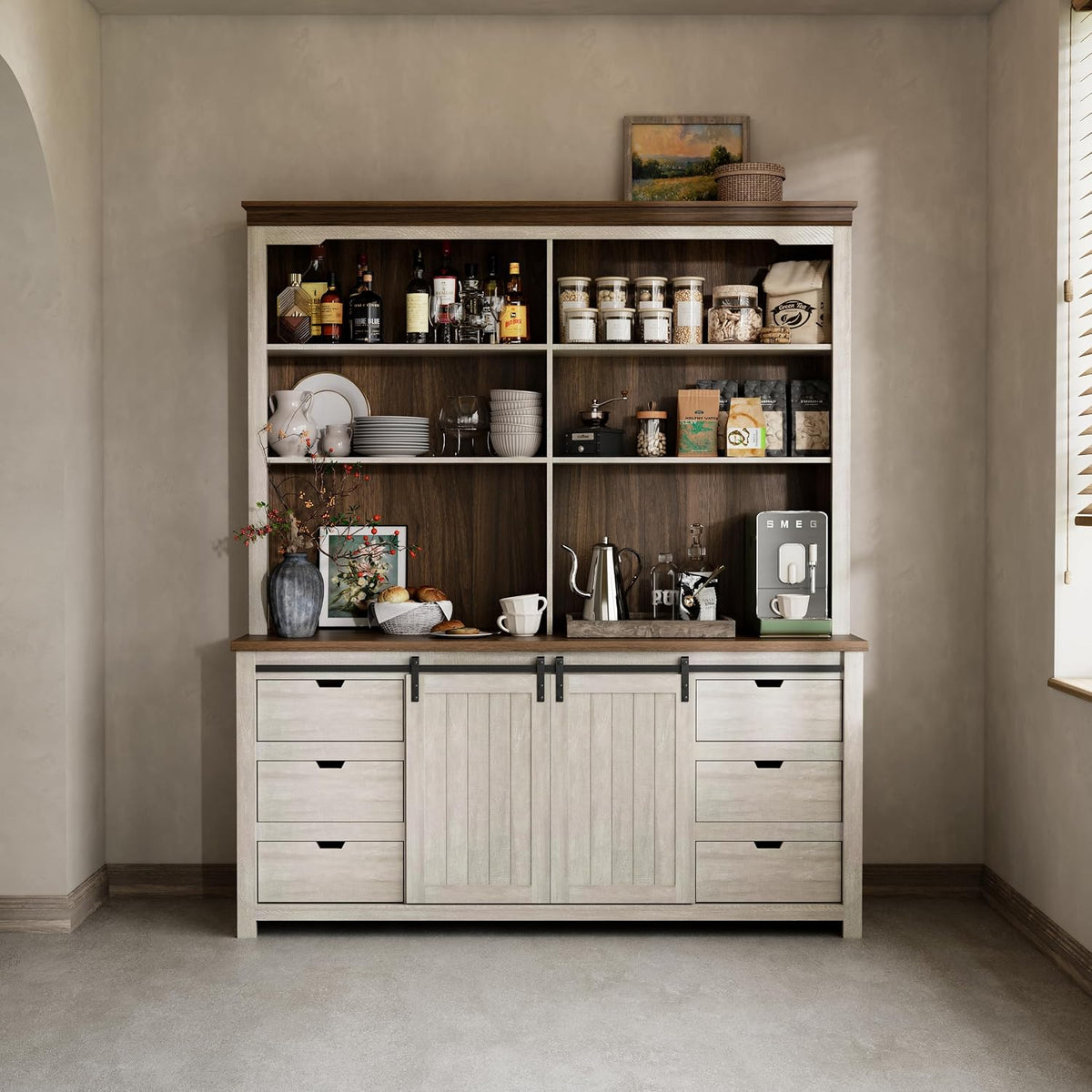 78 * 67" Large Farmhouse Pantry Cabinet with Countertop, Buffet Cabinet,Tall Kitchen Hutch with Partitions and 6