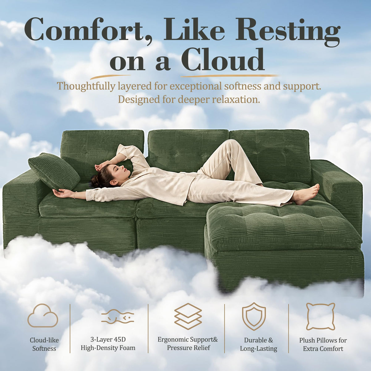 130.2" Cloud Boneless Sectional Couch, Upholstered Modular Sofa with 4-Layer 45D Foam, 27.5" Extra Deep Seat Cushion