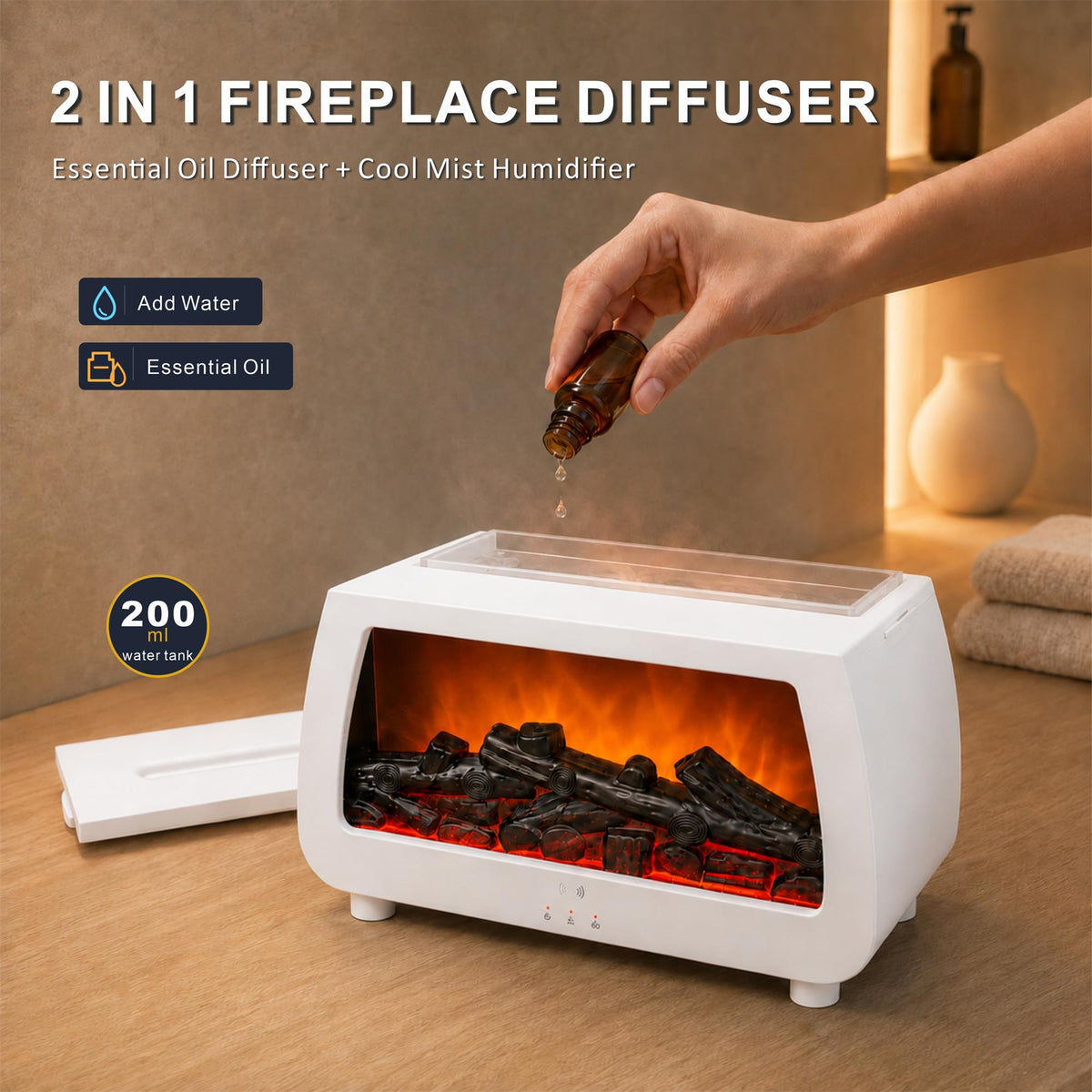 Fireplace Essential Oil Diffuser with Sound Pickup, 200ml Flame Ultrasonic Aroma Humidifier Flame (White)
