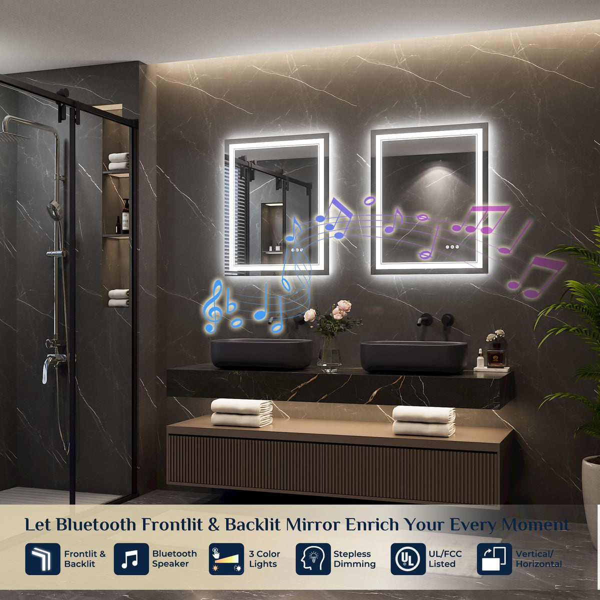 24" x 30" LED Bathroom Mirror with Lights, Frontlit & Backlit