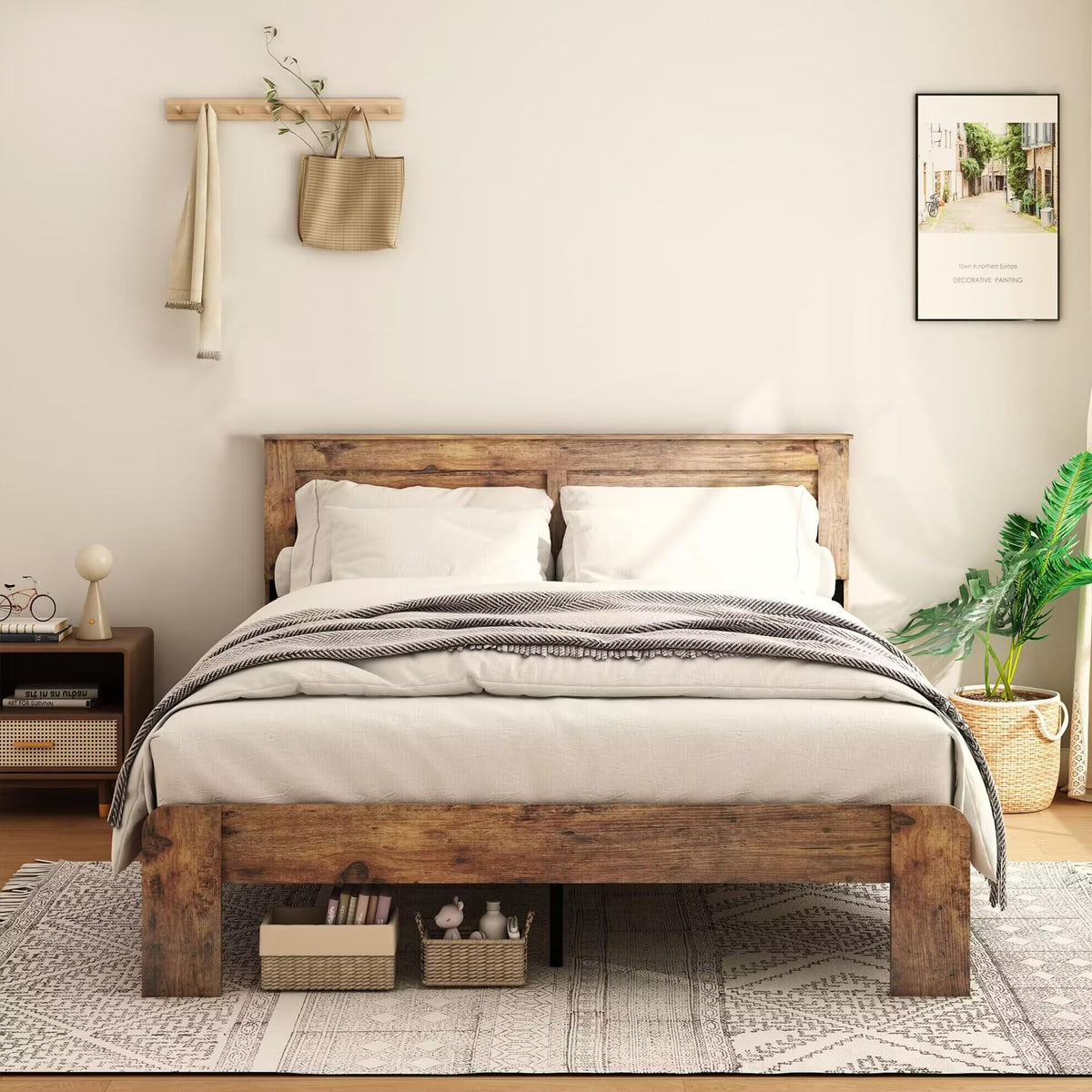 Wood King Size Bed Frame with Headboard and Footboard, Dark Brown