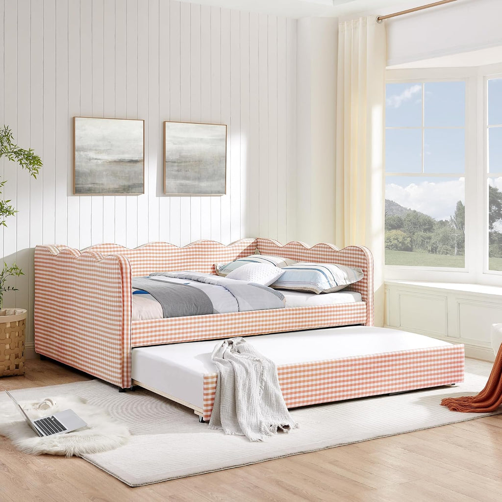 Full Size Upholstery Daybed with Trundle and USB, Full to King Design Adorable Wave Shaped Extendable Linen Sofa Bed
