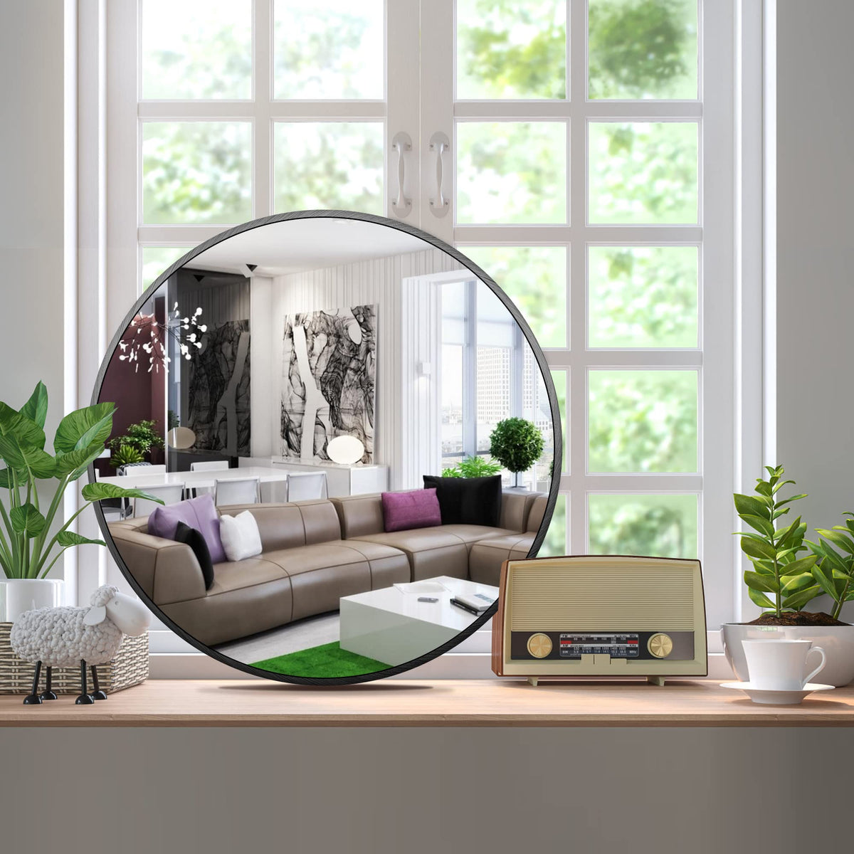 Round Metal Wall Mirror, 12 Inch, Black Frame Bathroom Mirror