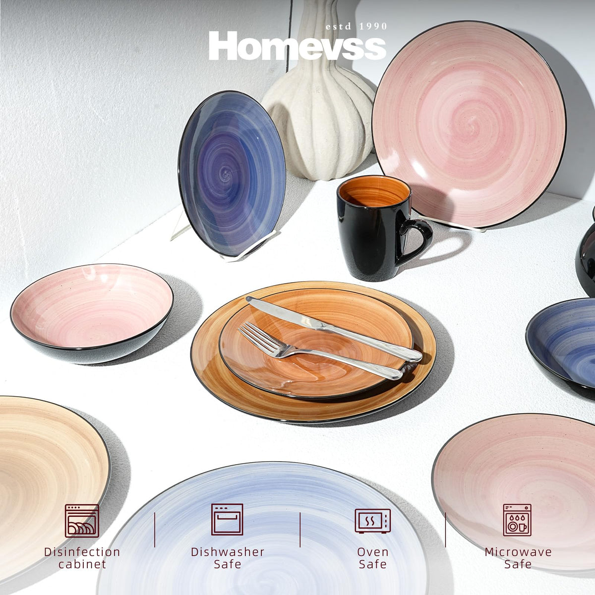Sonoma 16pc Stoneware Dinnerware Set, Outside Black plus inside Hand Painting Combi Colors of Cobalt, Mocha, Rose and