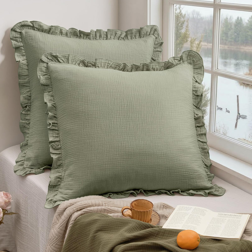 Cotton Muslin Ruffle Euro Sham Covers 26"x26", Dusty Sage, No Insert