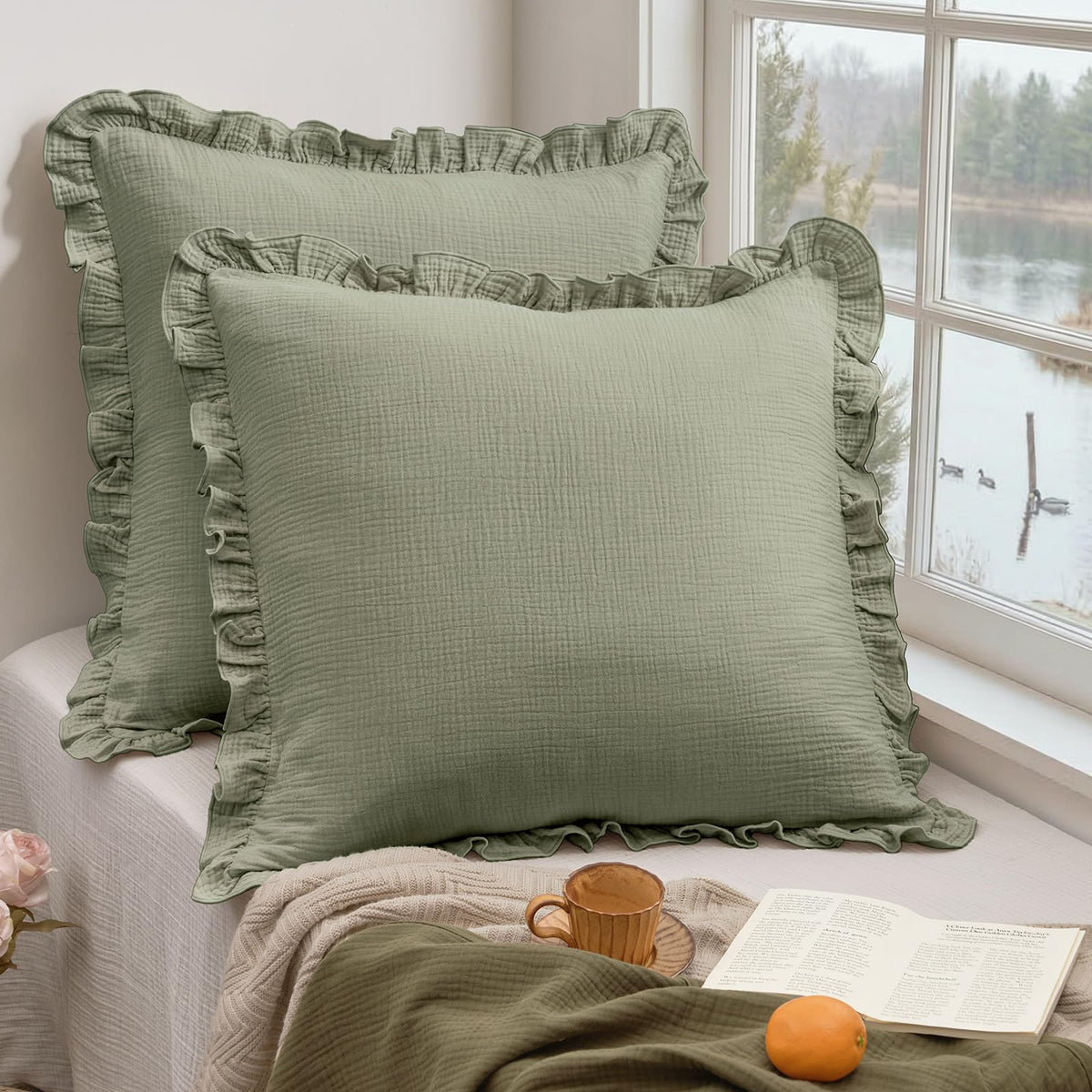 Cotton Muslin Ruffle Euro Sham Covers 26"x26", Dusty Sage, No Insert