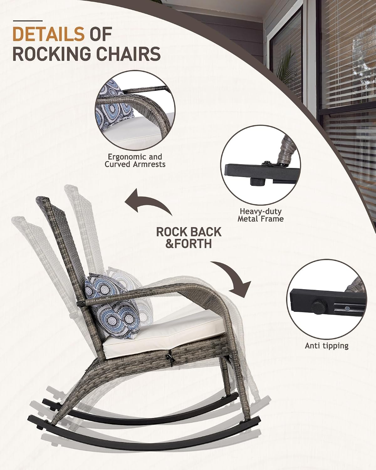 Outdoor Rocking Chair, Patio Rattan Rocker Chair with Cushions & Steel Frame, All Weather Porch Rocking Chair for