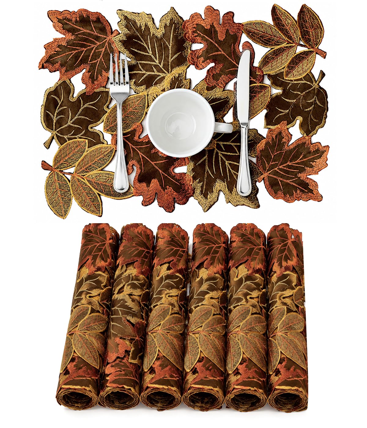 Embroidered Fall Placemats Set of 6, 15 in, Thanksgiving Round Table Mats