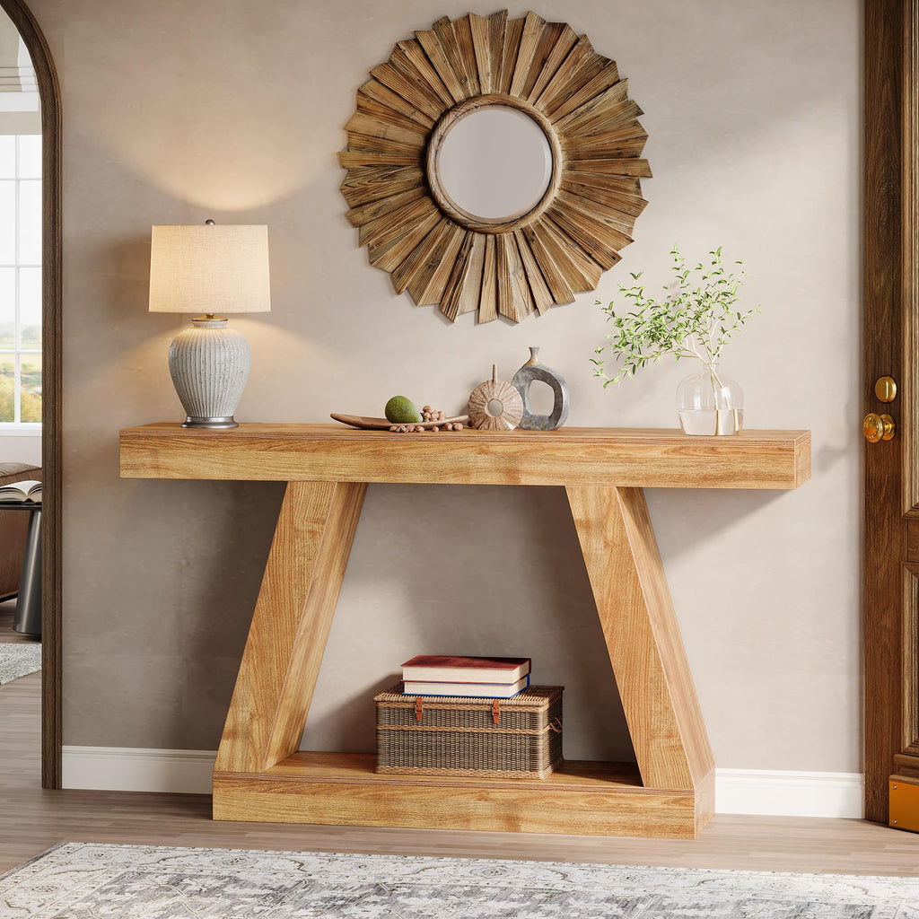 Farmhouse Console Table, 55-Inch Rustic Sofa Table with Storage, Industrial Wooden Entryway Table, Natural Brown