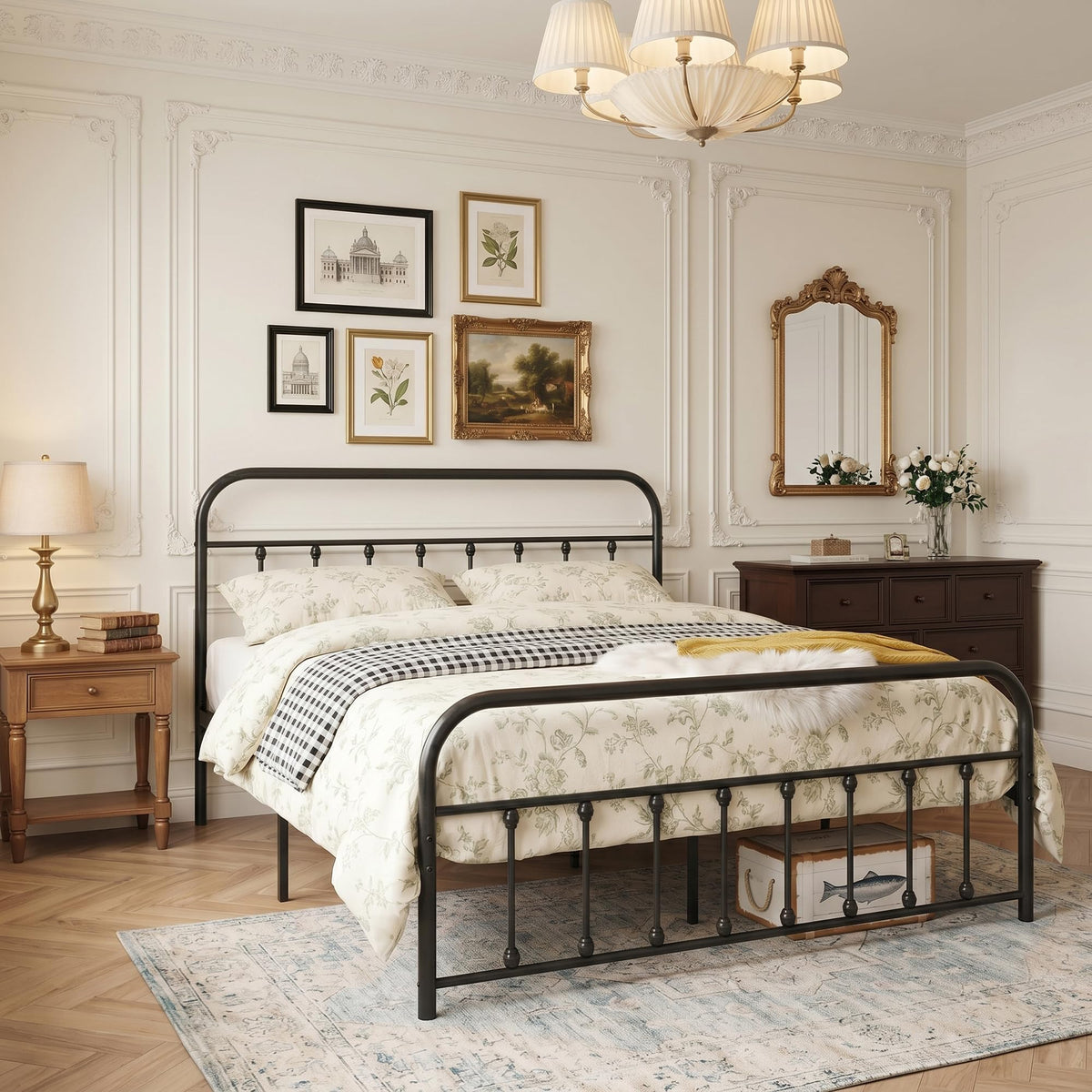 Black Metal Bed Frame with Vintage Headboard and Footboard, No Box Spring Needed, Premium Stable Steel Slat
