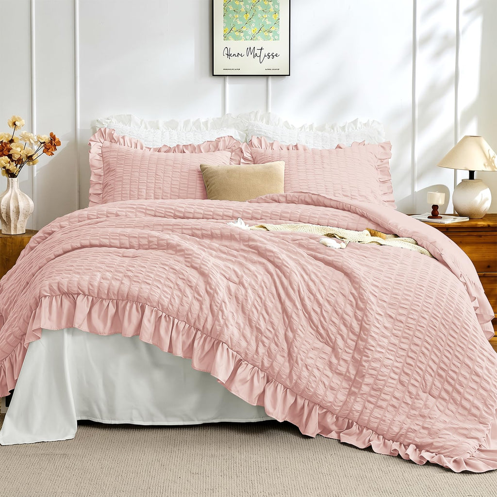 Comforter Set, 3 Pieces Rose Gold Seersucker Comforters, Lightweight & Fluffy Bedding Sets