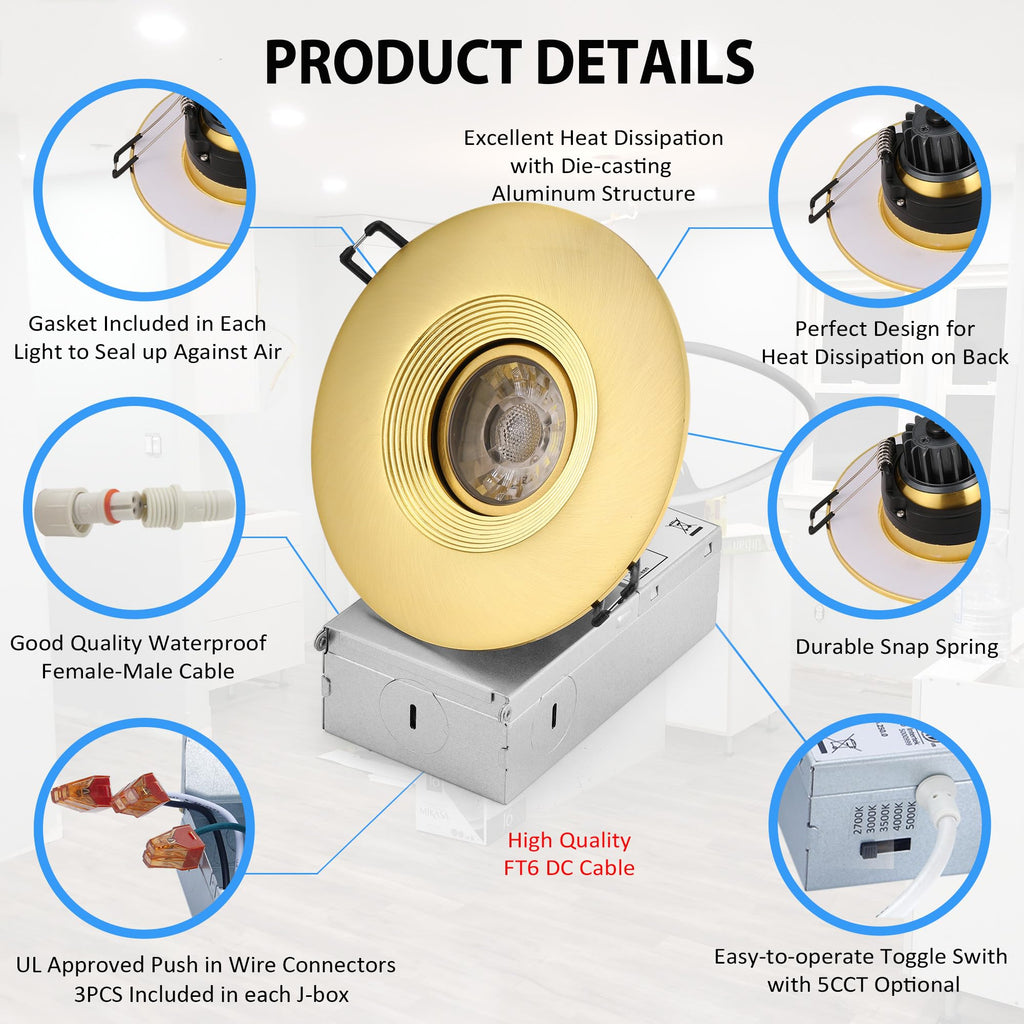 4 Inch Gimbal LED Recessed Lights 6 Pack, Adjustable Downlight, Gold