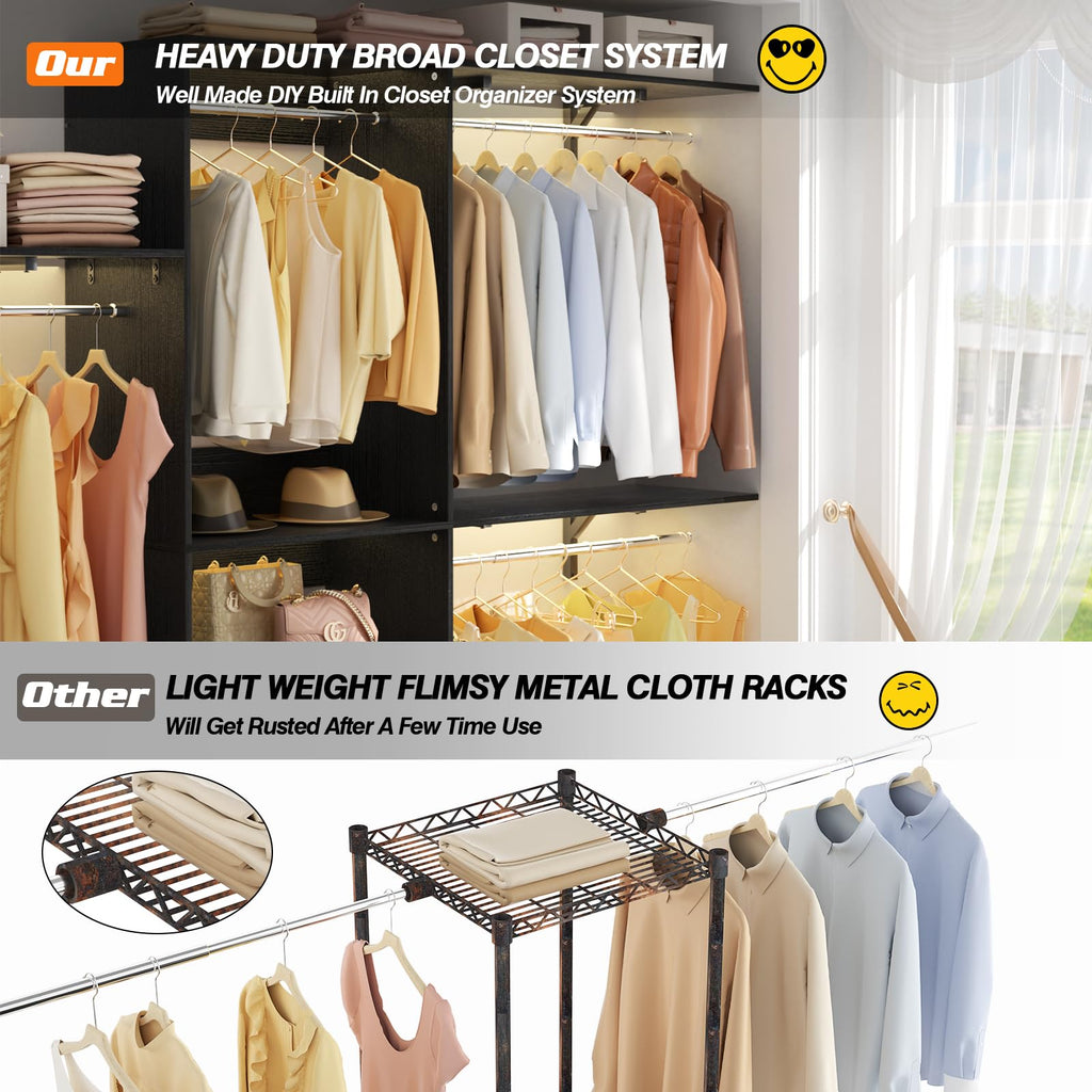8FT Closet System with 3 Wooden Storage Shelves, 96'' Closet Organizer System with 3 Hanging Rods, Wall Mount Bedroom