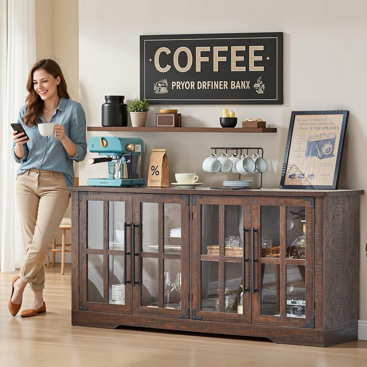 Farmhouse 63" Buffet Sideboard Cabinet with Glass Door, Large Storage Cabinet with Adjustable Shelf