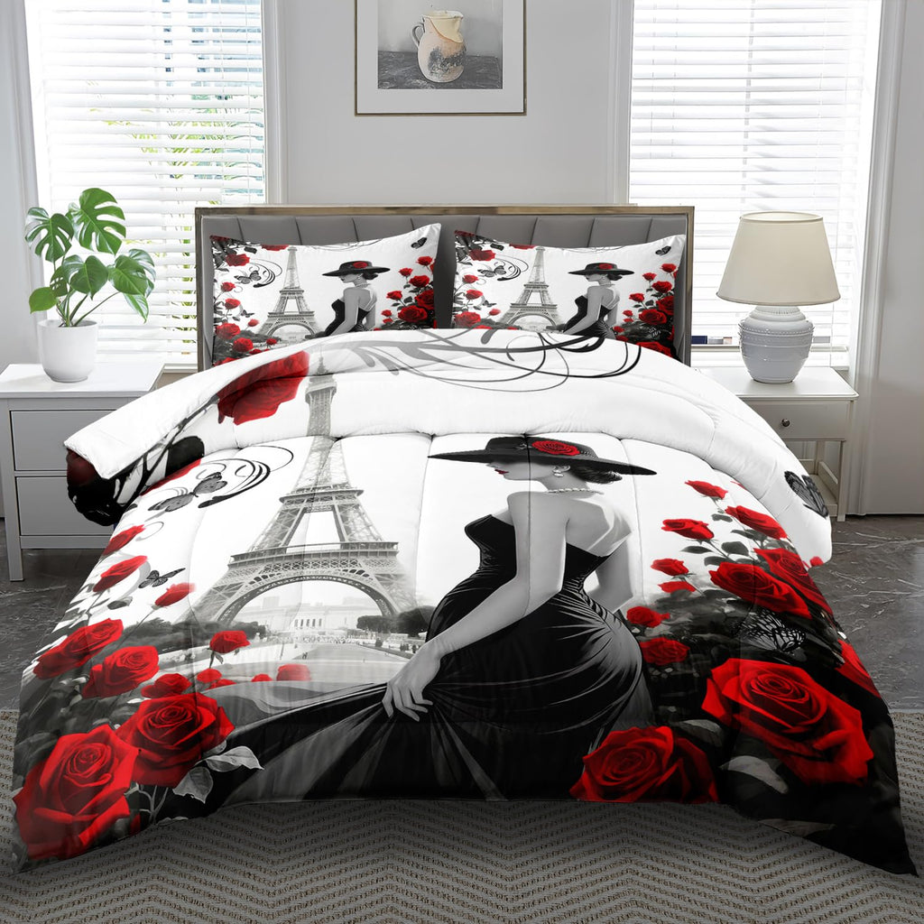 Paris Comforter Set Queen French Girl Comforter Women Paris Bedding Set Girls Red Rose Bedding Women Quilt Fashion