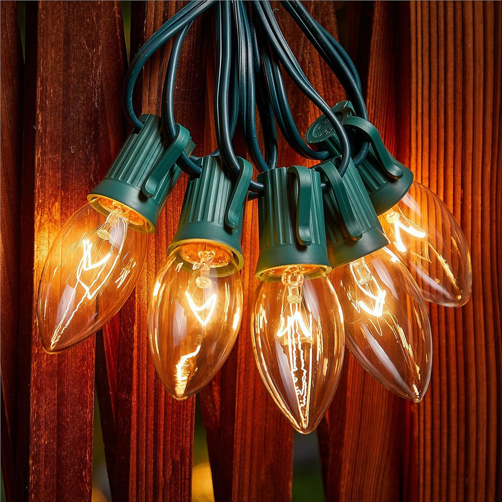C9 Clear Christmas String Lights, 25FT 25 Bulbs, Green Wire